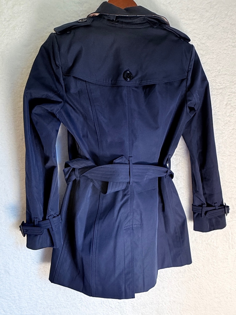 Geza Navy Double Breasted Belted Trench Coat Plaid Lined size 6 - Picture 2 of 5